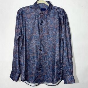 NWT David Donahue Dress Shirt Men's Long Sleeve Navy Orange Paisley Medium